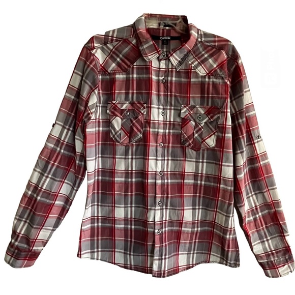 Carbon Plaid Women’s Slim Fit Roll-Tab Sleeves Button Down Collared Perfect NWOT - Picture 16 of 16